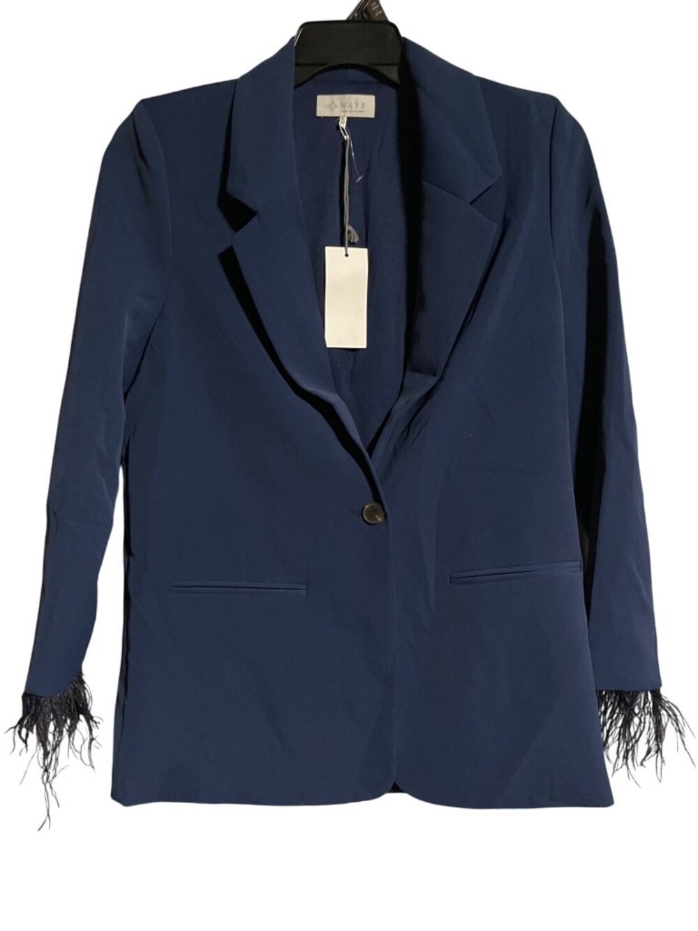 WAYF Romee Blazer Womes S Navy Blue Feather Cuff